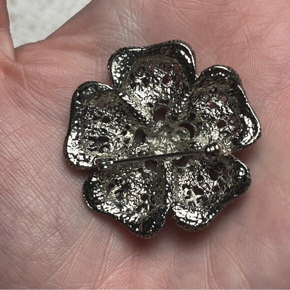 Vintage Sparkling AB Stone Green Enamel Yellow and Pink Silver Flower Brooch D3 - Picture 5 of 8